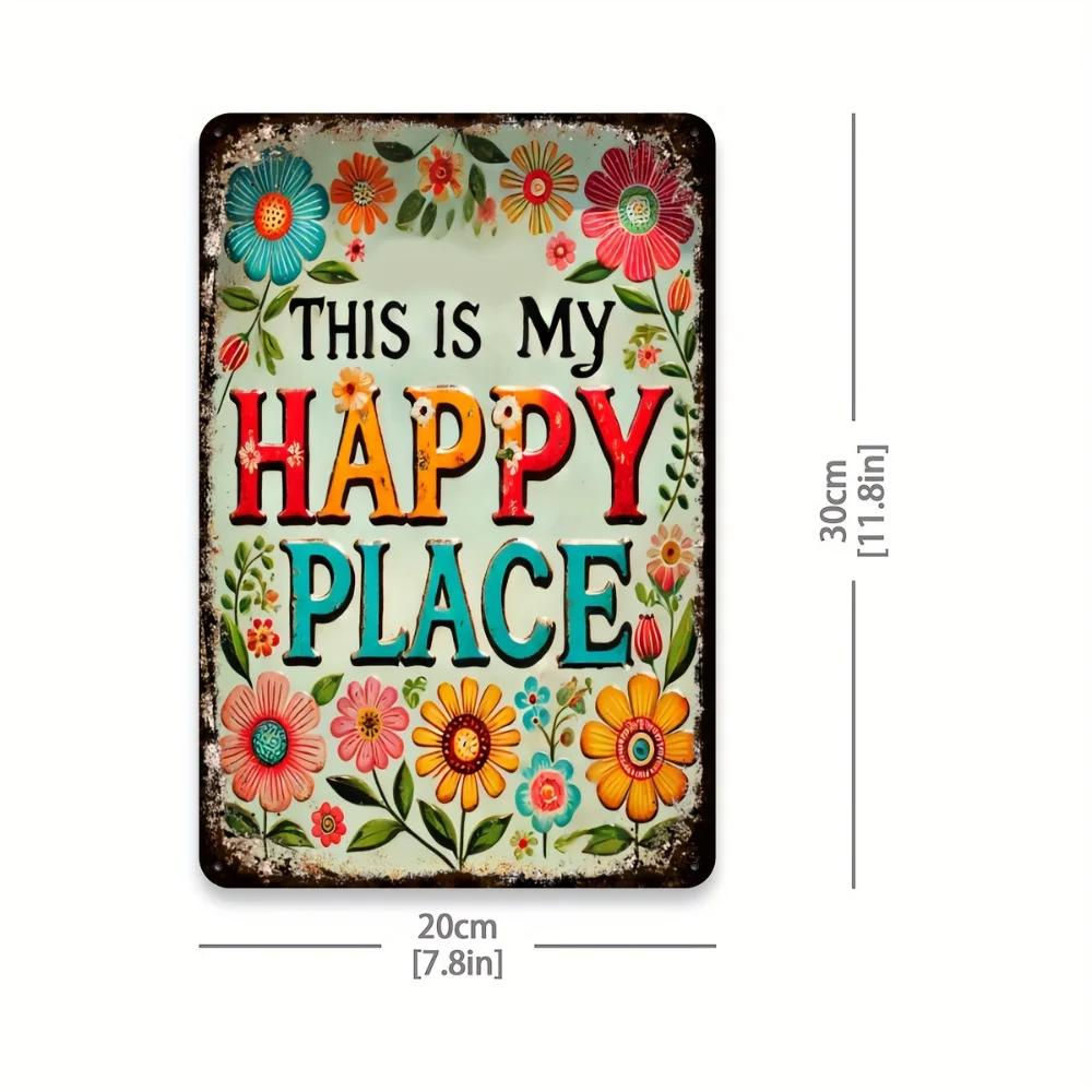 Happy Place Aluminum Welcome Sign - Rustic Floral All-Season Outdoor Decor