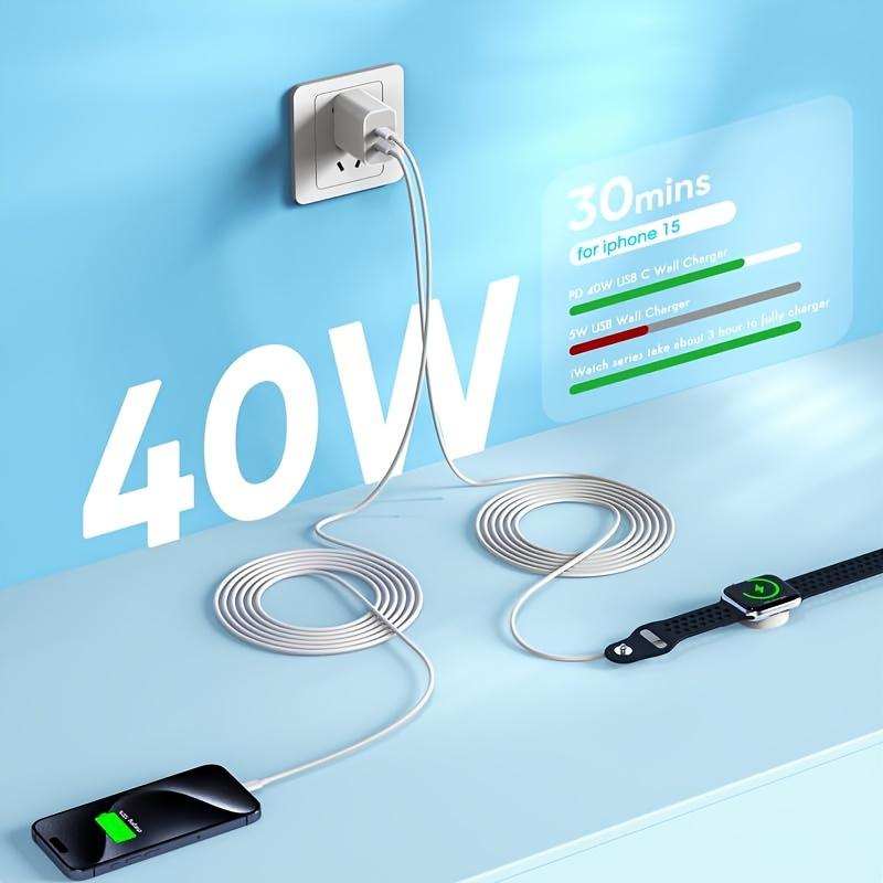 Dual 40W USB C Ladestecker mit 6FT USB-C auf C/iWatch Magnetischem Schnellladekabel für Apple Watch Series und für iPhone 15