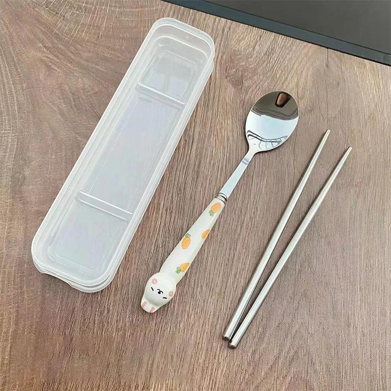 Stainless Steel Cartoon Knife Fork Spoon Kitchen Dinnerware Animals Glossy Ceramic Handle Set With Box For Dessert Steak