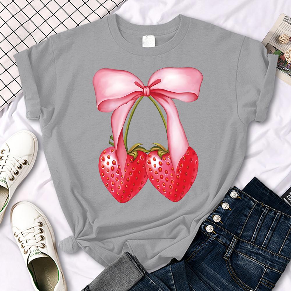 Summer Pink Bow Strawberry Design Pattern 3D Printed T-Shirts Women Crewneck Casual Multicolor Tee Tops Summer Soft Short Sleeve