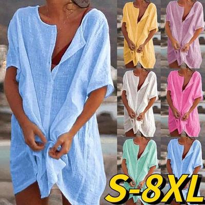 Lockeres Leinenkleid für Damen Übergröße Sommer Strand Überwurf Tiefes V-Ausschnitt Kurze Ärmel Mini Partykleid Freizeit Badebekleidung Mode Einfarbig
