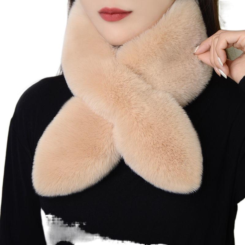 

Плюшевый шарф женский зимний воротник из искусственного меха кролика рекс, утолщенный теплый универсальный меховой воротник, простой шарф с перекрестием One size