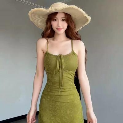Beautiful Sexy Green Suspender Skirt Children's Spring and Summer New Slim Fit and Thin Temperament Hip Wrap Dress Long Skirt