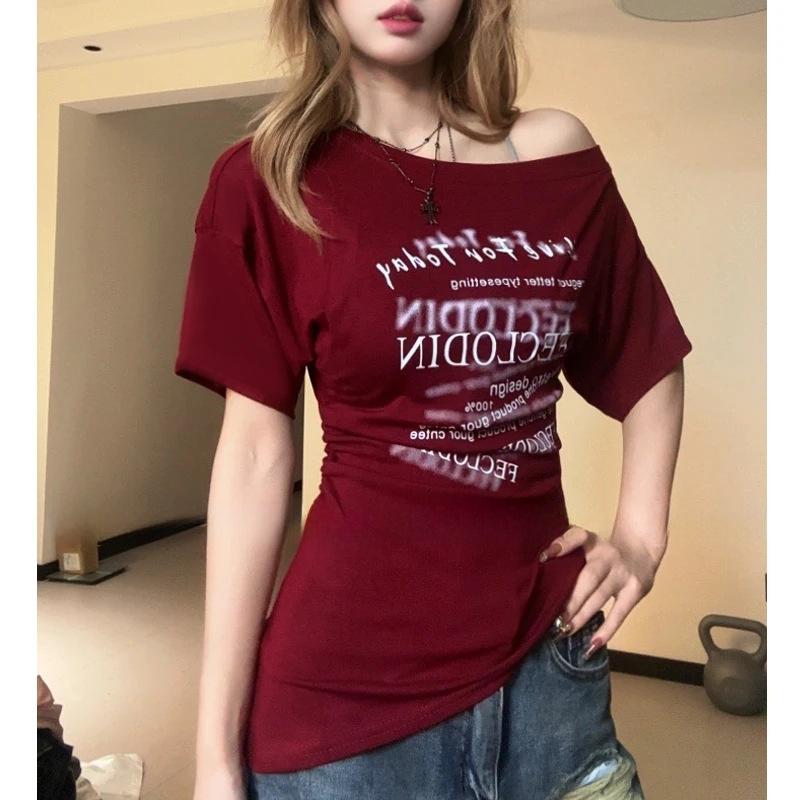Pure desire style design slanted shoulders irregular short-sleeved T-shirt women's summer American retro hottie slim-fitting slim top