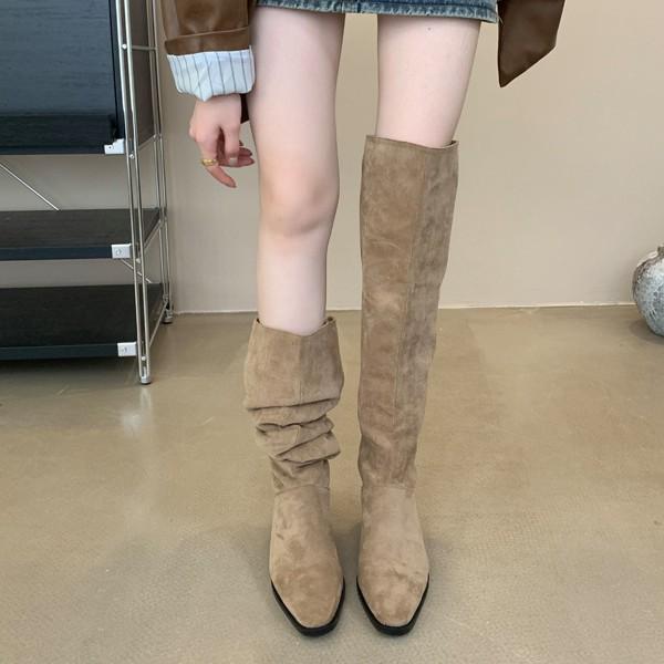 Rynkiga Stövlar Högklackade Stövlar Damklack Ridderskor Western Cowboystövlar Mellanhöga Stövlar