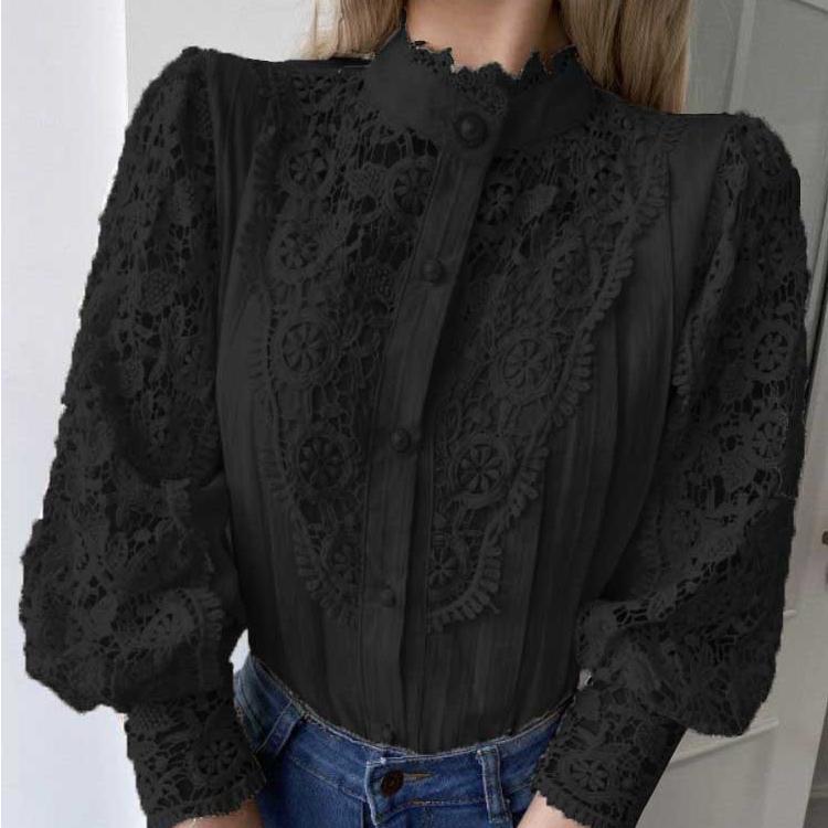 Spring and Autumn Women's Sexy Lace Shirt Standing Collar Women's Top French Court Style Blouse