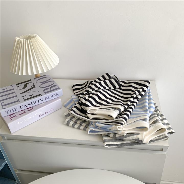 2025 Summer Women's Striped Cotton-Linen Short-Sleeve Round Neck Top, Korean Style