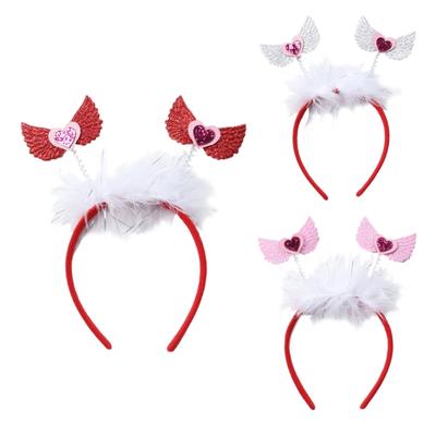 Heart Headband Red Heart Decor Wing Antennas with Feather Head Bopper Party Hair Accessoires for Valentines Day