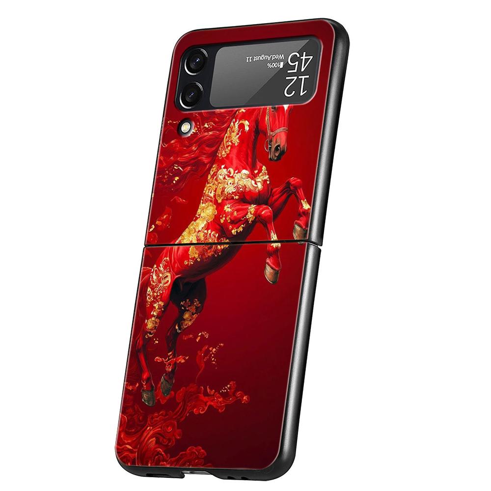 Hard PC Phone Case For Samsung Galaxy Z Flip 7/6/5/4 Black Cover For Galaxy Z Flip 3 Foldable Shockproof Capas Horse Animal Bags