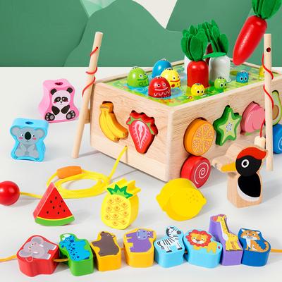 Baby Wooden Multi-functional Vegetable Planting Pull Radish Shape Trailer Intelligence Box Catching Insects Building Block Matching Toy