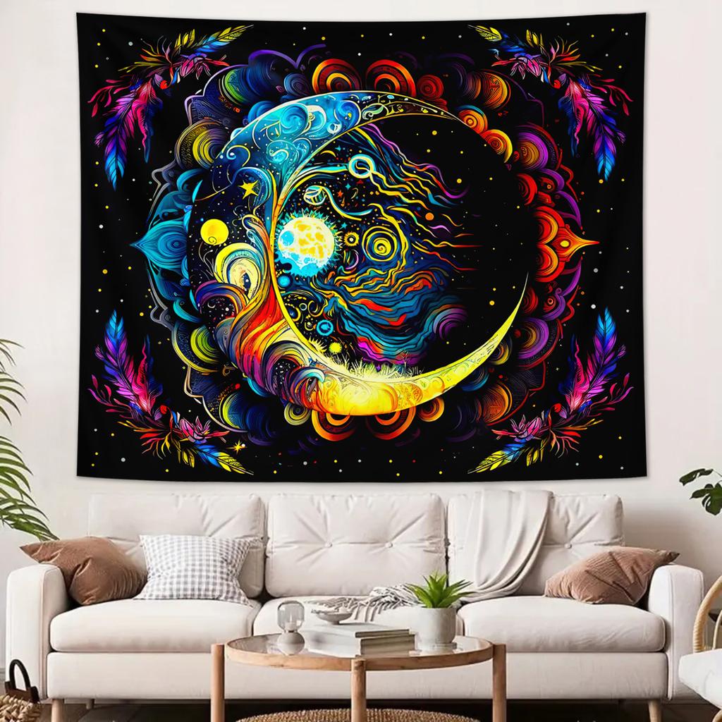 1pc UV Responsive Moon Tapestry, Bohemian Fluorescent Tapestry, Mysterious Moon Phase, Starry Sky, Universe Aesthetic Tapestry