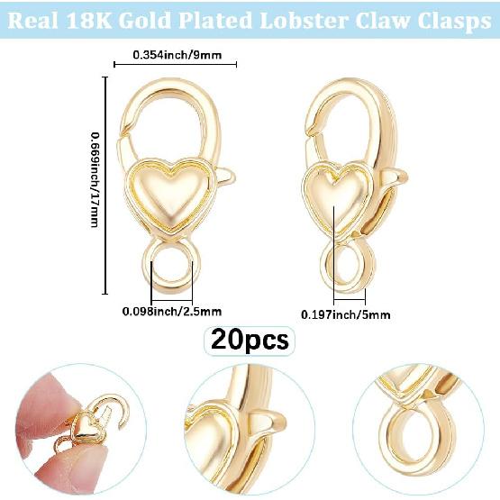 Beebeecraft 1 Box 20Pcs Heart Lobster Claw Clasps 18K Gold Plated Brass Jewelry Lobster Clasps Spring Connector Closure for Jewelry Making Necklaces