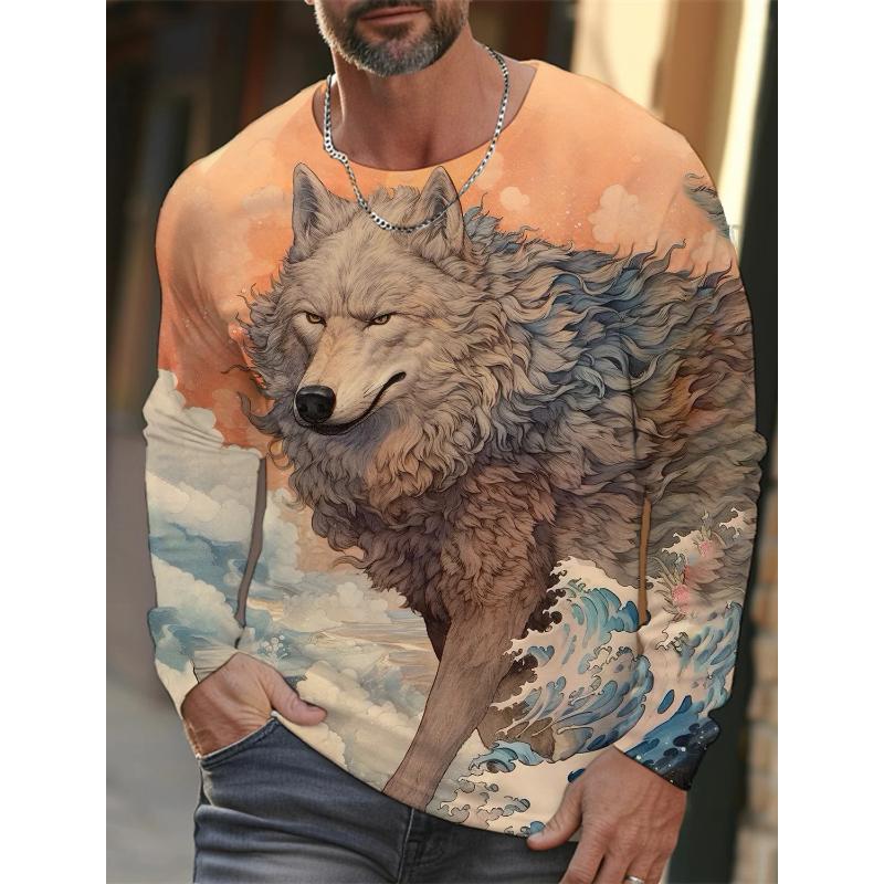 Fashion Men's Crew Neck Long Sleeve 3D Color Printing Summer Casual Long Sleeve Crew Neck T-Shirt