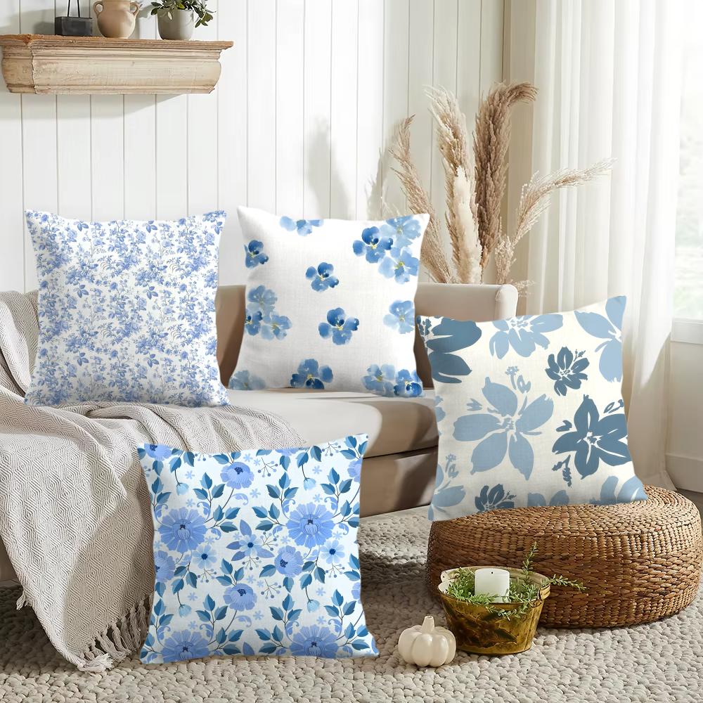 Elegant Blue Floral Cushion Cover Silky Short Plush Invisible Zipper Dustproof Sofa Pillow Case for Home Decor