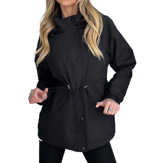 

Ветровка для женщин Легкая на кнопках с молнией Толстовка с капюшоном Кулиска на талии Ветрозащитная S чёрный