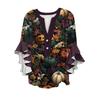 Women's V-neck Seven Quarter Sleeved Shirt Halloween Printed Top Casual Shirt