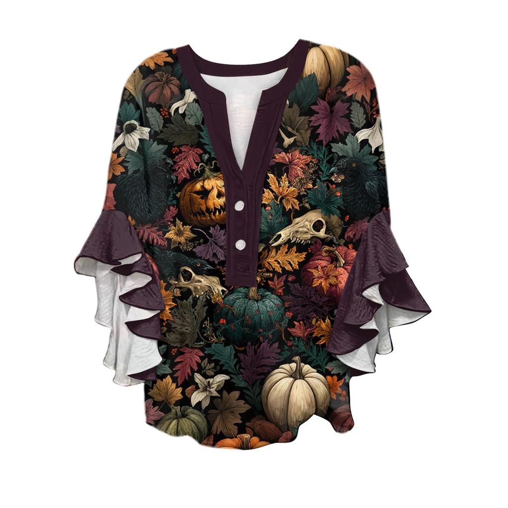 Women's V-neck Seven Quarter Sleeved Shirt Halloween Printed Top Casual Shirt