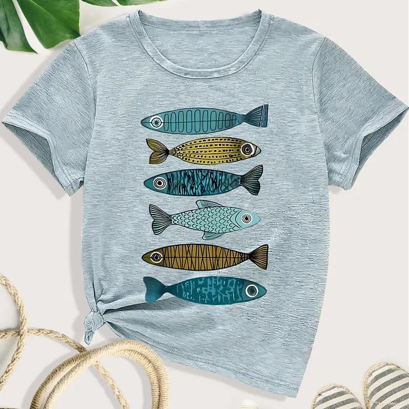 Women Summer T Shirt Retro Fashion Short Sleeve Tees Casual Fish Printed  Tops