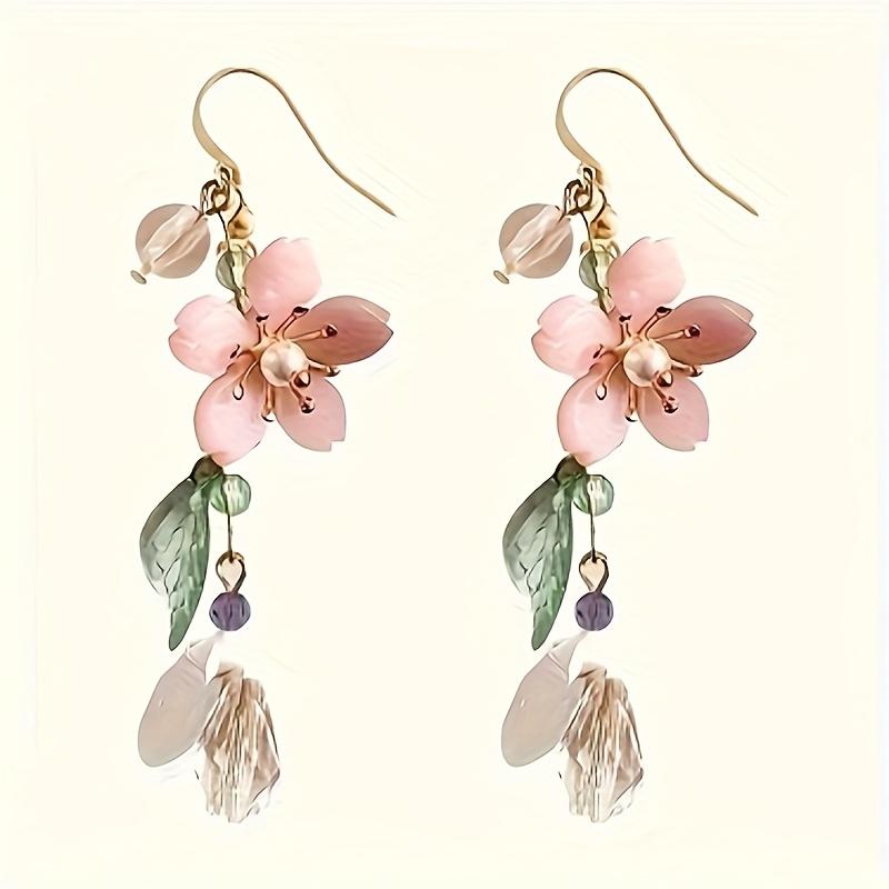 1Pair of Flower Cherry Blossom Drop Earrings, Ladies Asymmetrical Personality Party Earrings