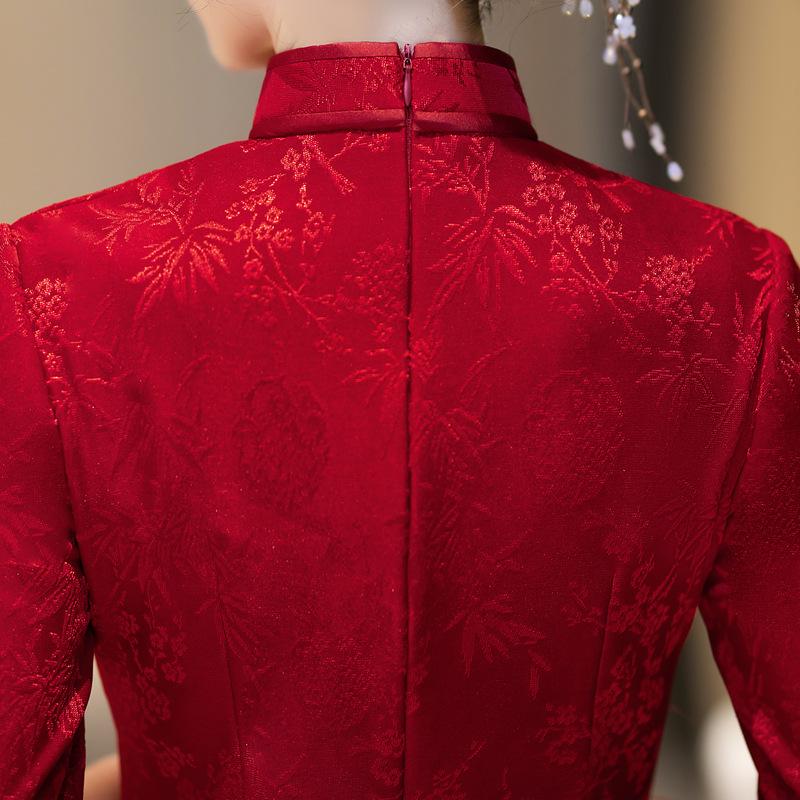 Red Knitted Jacquard Cheongsam 2026: Women's Mother of the Bride Banquet Dress in Chinese National Style