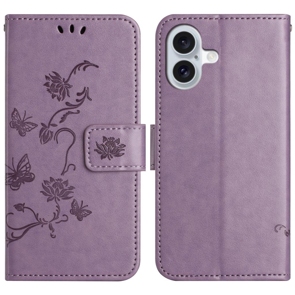 For iPhone 16 Plus Case PU Leather Wallet Phone Cover Butterfly Flower Pattern