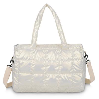 MT's SHOP Women's A4 Tote Bag, Lightweight, Glossy Quilted, Fluffy, with Side Pockets, Perfect for Crossbody or Commuting, SH400 (Pearl White)