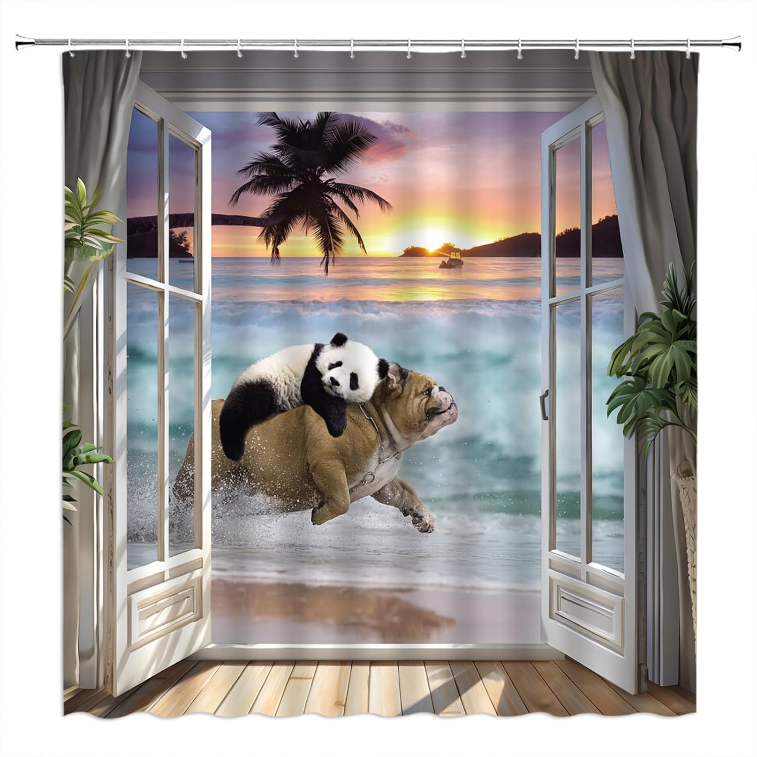 

Ocean Landscape Shower Curtain,Funny Panda Puppy Dog Sea Wave Window Tropical Coastal Bathroom Home Curtain Decor With Hooks W60H190(CM)-1 Pcs