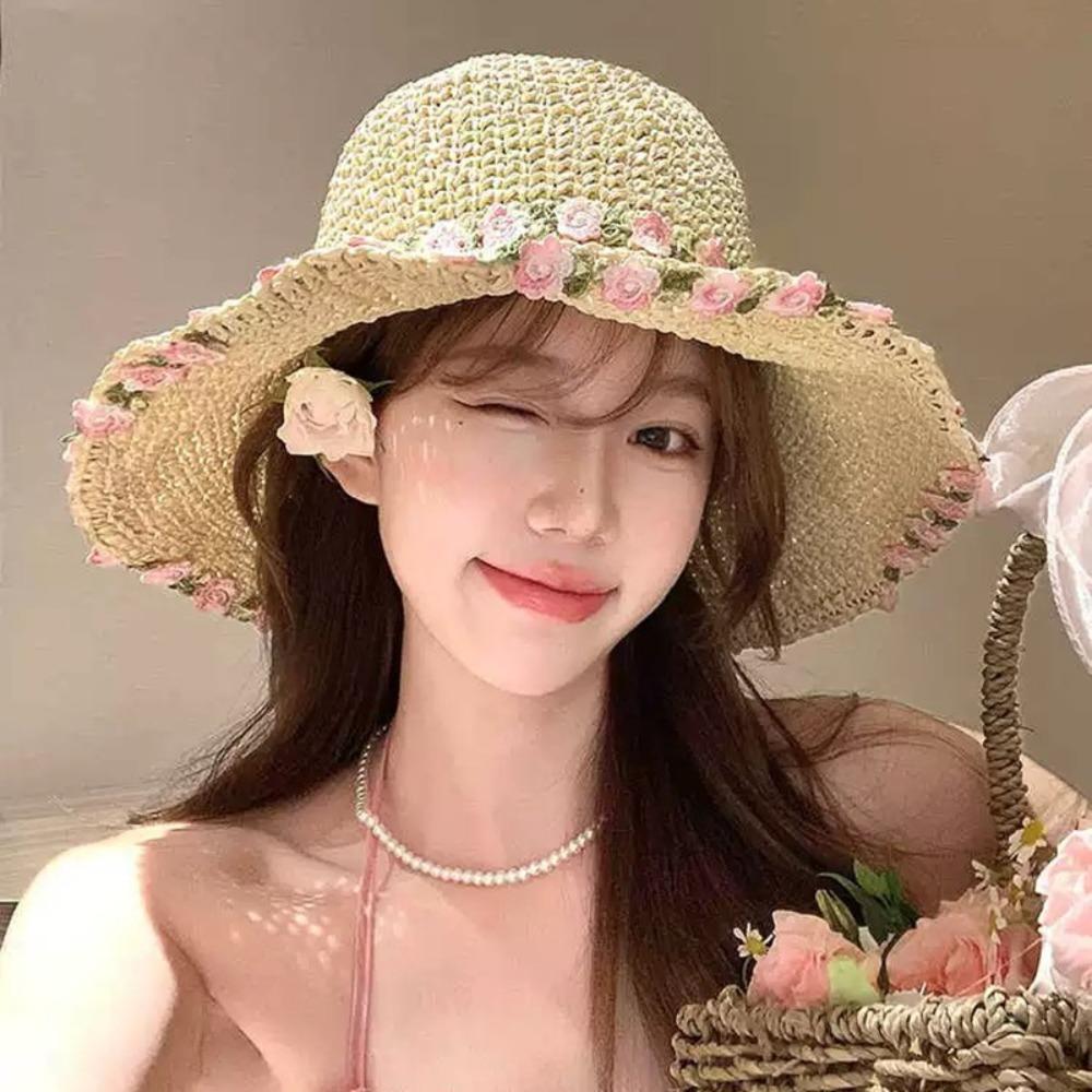 Wide Brim Beachside Sun Hat Fishing Cap Summer Beach Hat Flower Lafite Straw Hat  Outdoor