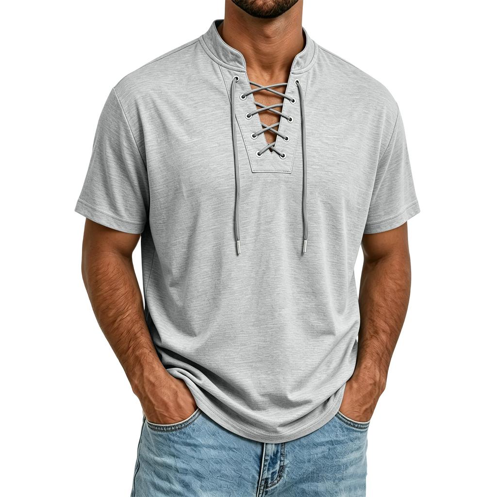 T-shirt décontracté à manches courtes pour homme Tissu léger et respirant Col à cordon de serrage Haut d'été