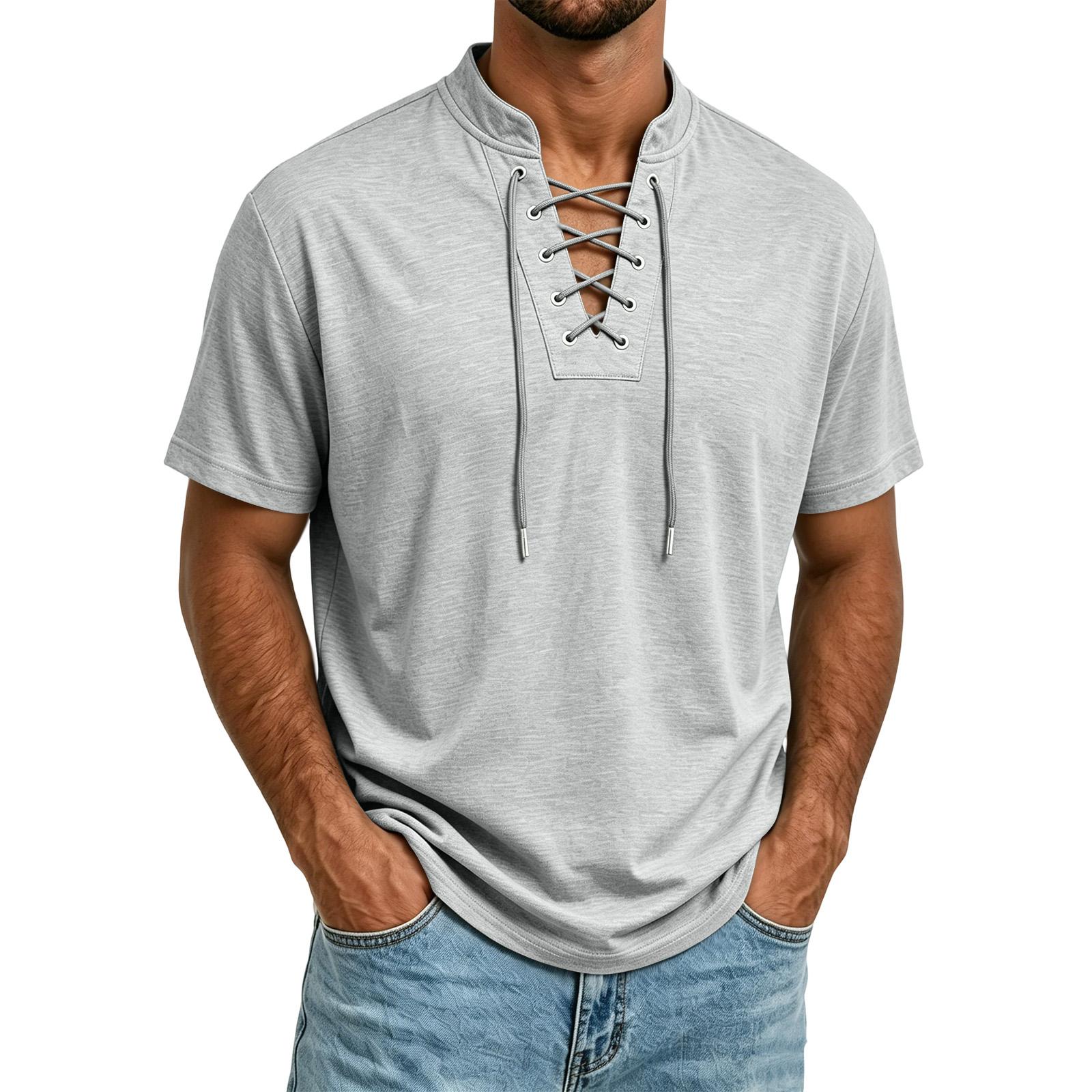Xingben Six Casual T-shirt voor heren, korte mouwen, lichtgewicht, ademende stof, nek met trekkoord, zomer top M