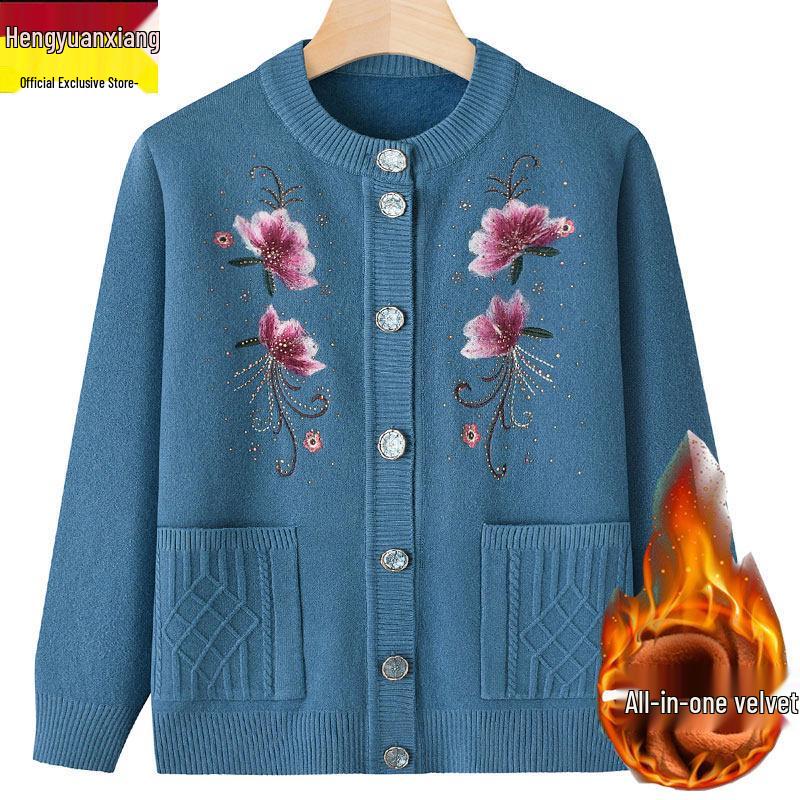 Plus Size Velvet Thickened Sweater Coat for Women & Grandmothers (73-83 Years) - Button Cardigan