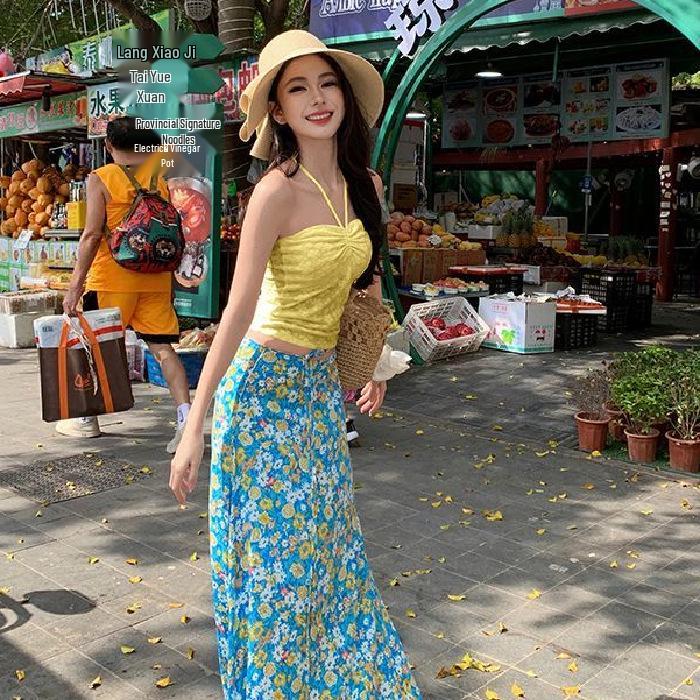 Women's Thailand Beach Resort Floral Two-Piece: White Bandeau Top & Skirt Set