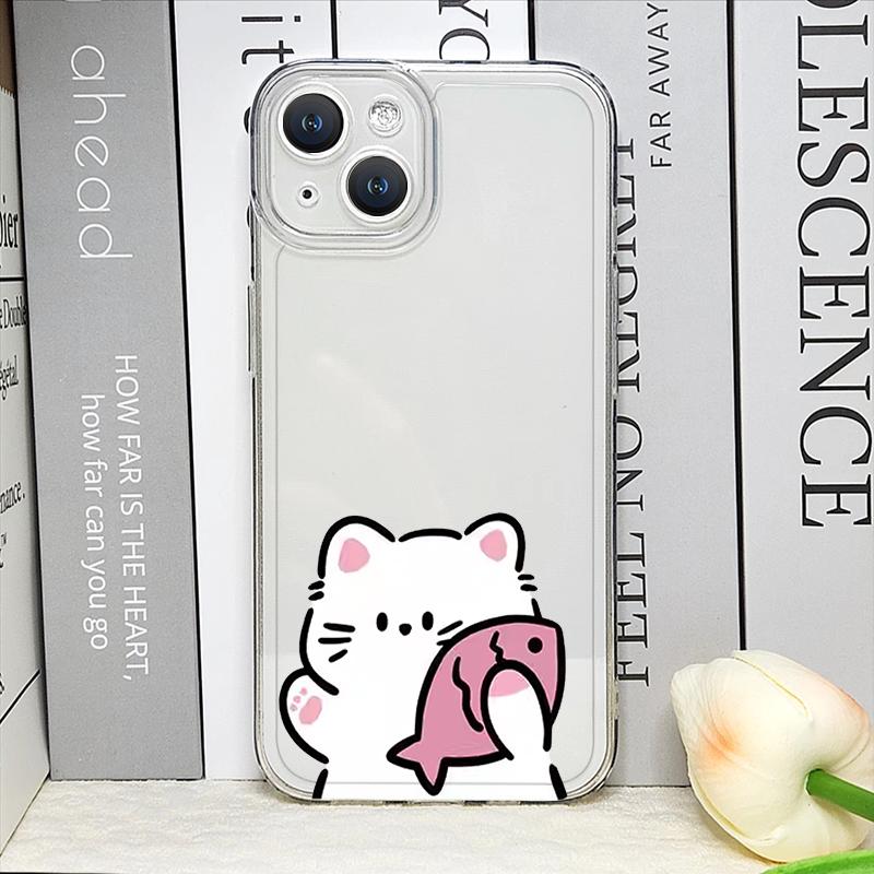 Funda de Teléfono Pareja Gato Pez Dibujo Animado Divertido para IPhone 16 15 14 11 12 13 Pro Max 7 8 Plus Mini XS XR Transparente Blanda Fundas