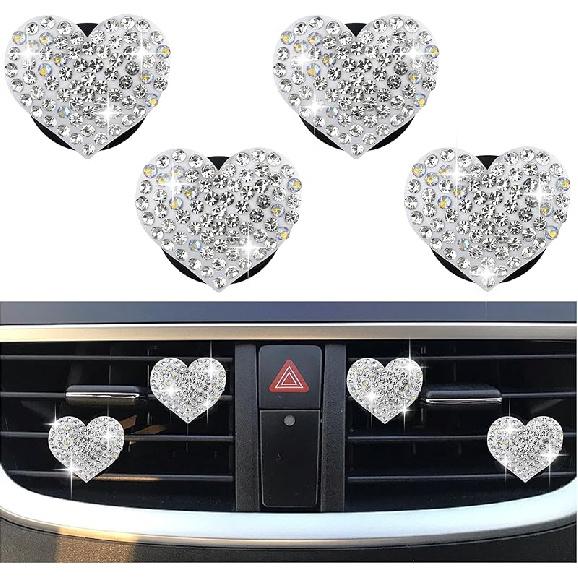 4PCS Heart-Shaped Car Vent Clips with Rhinestone,Bling Air Vent Clips Car Decorations,Premium Shiny Car Clips for Vents CCar Accessories Interior for