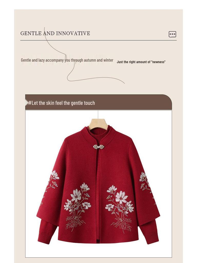 Mom's 2025 Autumn/Winter Knitted Cardigan with Embroidery for Middle-Aged and Elderly Women