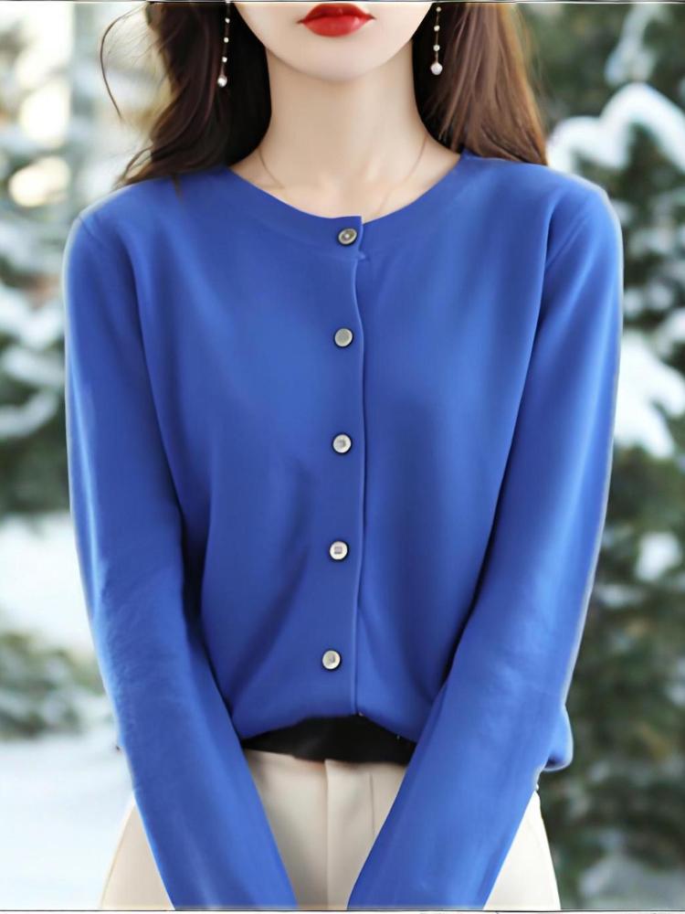 Knitted cardigan, round neck sweater, women's long-sleeved solid color all-match jacket, women's clothing