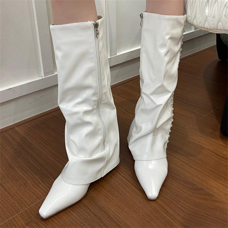 Eilyken Cizme înalte până la genunchi pentru femei, confortabile din piele moale, cu vârf ascuțit, toamnă iarnă, cu toc pană, cu fermoar, pantofi Botas Largas De Mujer