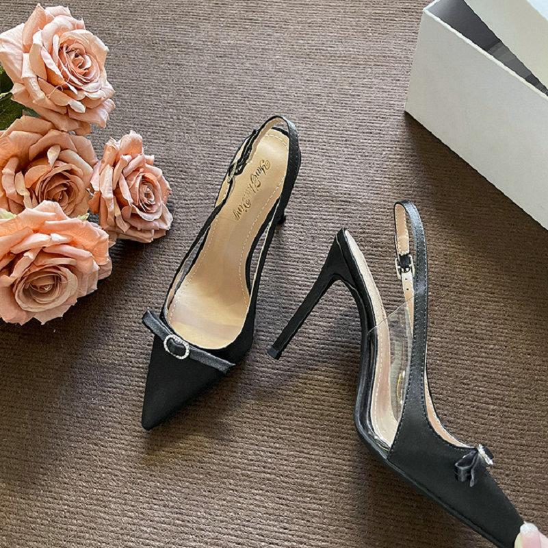 Fashion 2025 Spring And Summer New French Pointy Stiletto Heels Champagne High Heels Wrapped Head Satin Fairy Bow Sandals Pumps