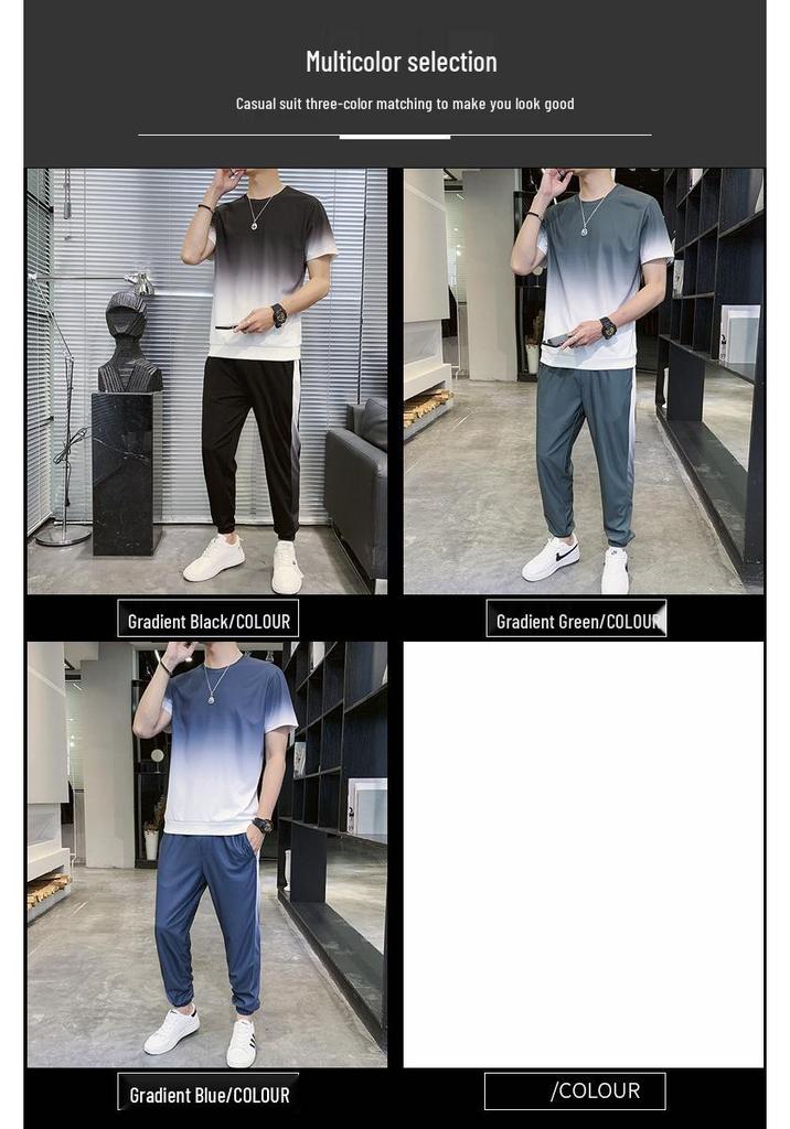 Men's Gradient Round Neck Short Sleeve T-shirt and Summer Shorts Casual Set.