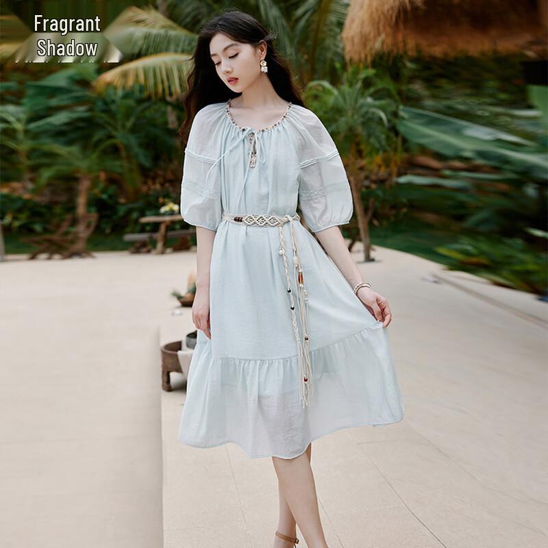 Xiangying Women s Bohemian Puff Sleeve Midi Dress L