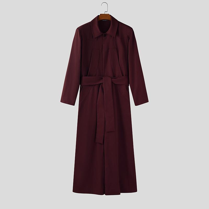 INCERUN Autumn Men Lapel Neck Long Sleeve Belt Waist Jumpsuits Casual Long Rompers