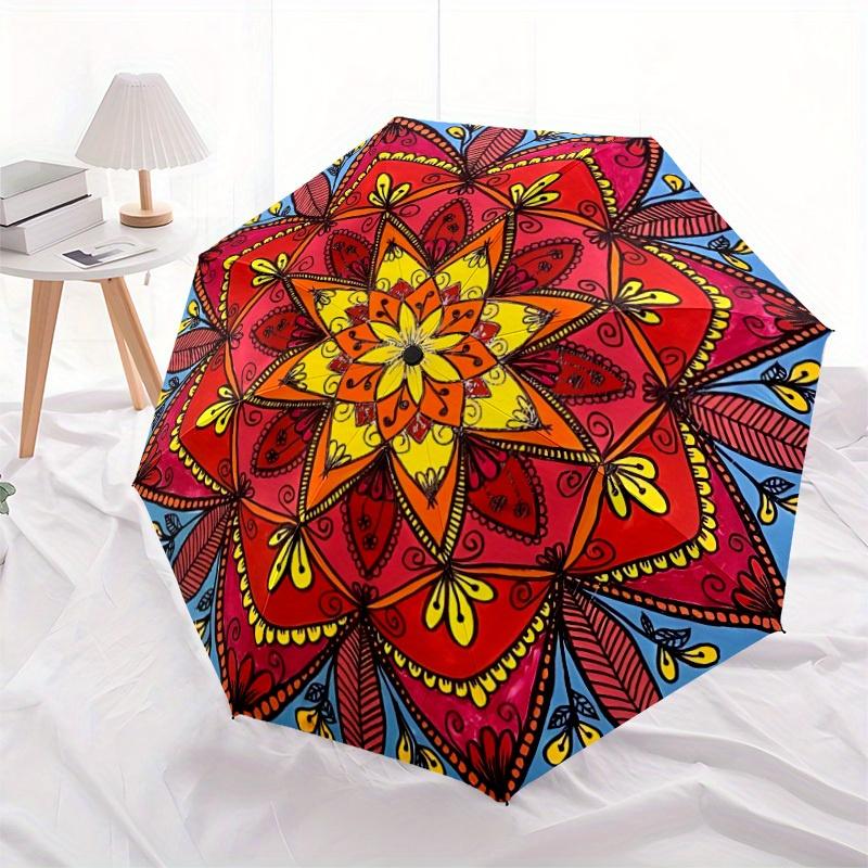 1pc Mandala Art Automatic Open, Sturdy Iron Frame, Compact Folding Design, All-Season Portable Umbrella for Women & Men, Outdoor Umbrella yy