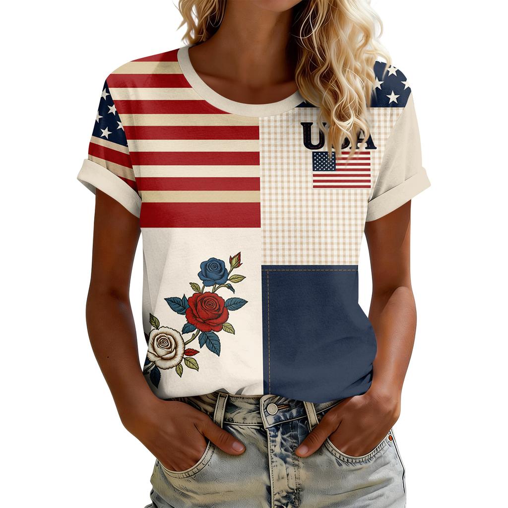 Women's American Floral Patchwork Print Casual T-Shirt 250Th Anniversary USA Shirt Patriotic Tshirt