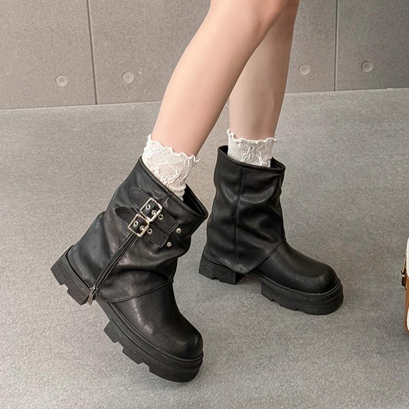 Cowhide version~ New small height-increasing round trousers women's boots short Martin boots women's thick-soled knight boots