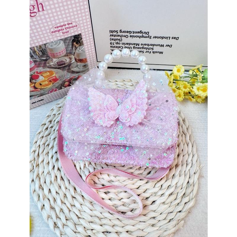 Cute girls' bag:butterfly&pearl details,cartoon rabbit design—crossbody/handheld!Princess-style,perfect for little fashionistas.