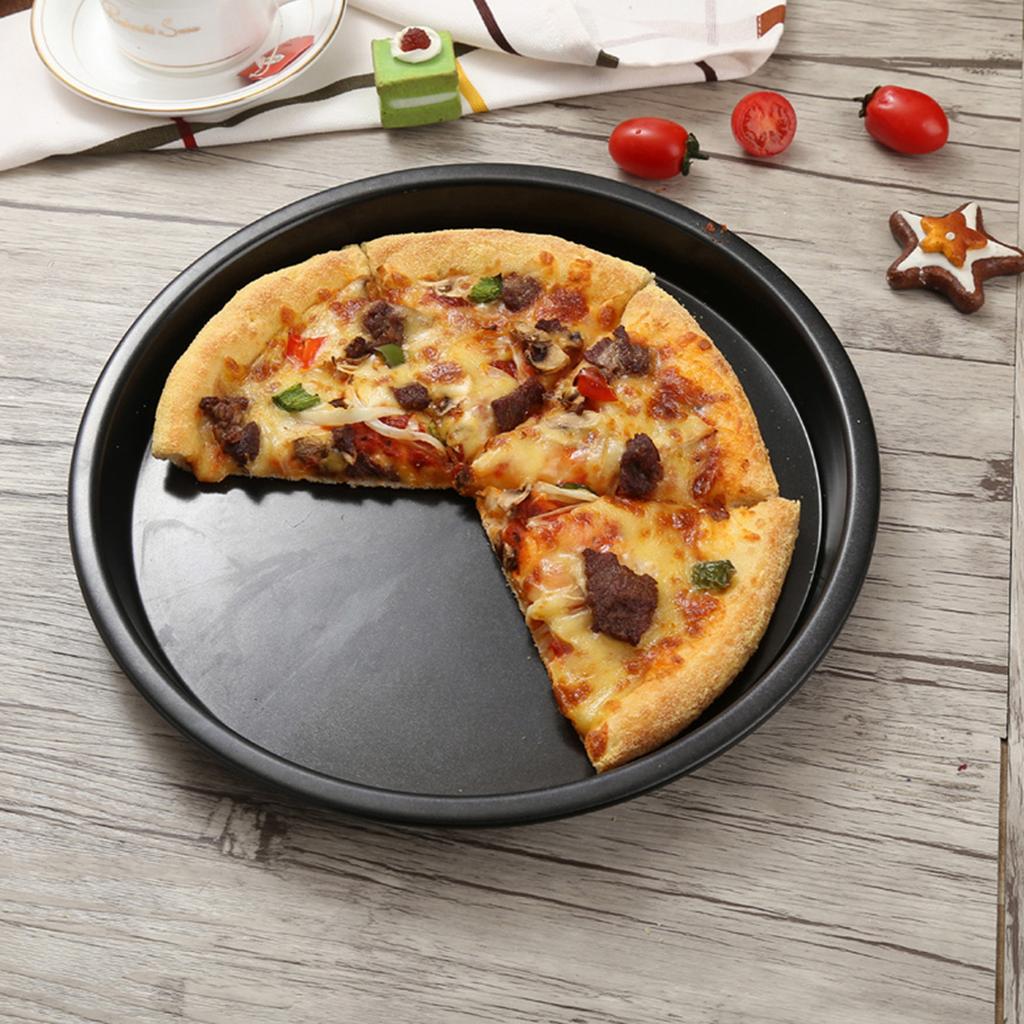 8in Kitchen Non-stick Black Carbon Steel Round Pizza Tray Baking Pan Plate Mold Tool