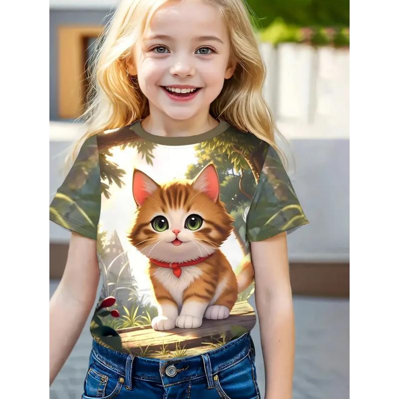 Flickkläder Kawaii Kattmönster Tryck Sommar Kortärmade Toppar Casual Mode T-shirt Utomhus Lättvikt Barnkläder