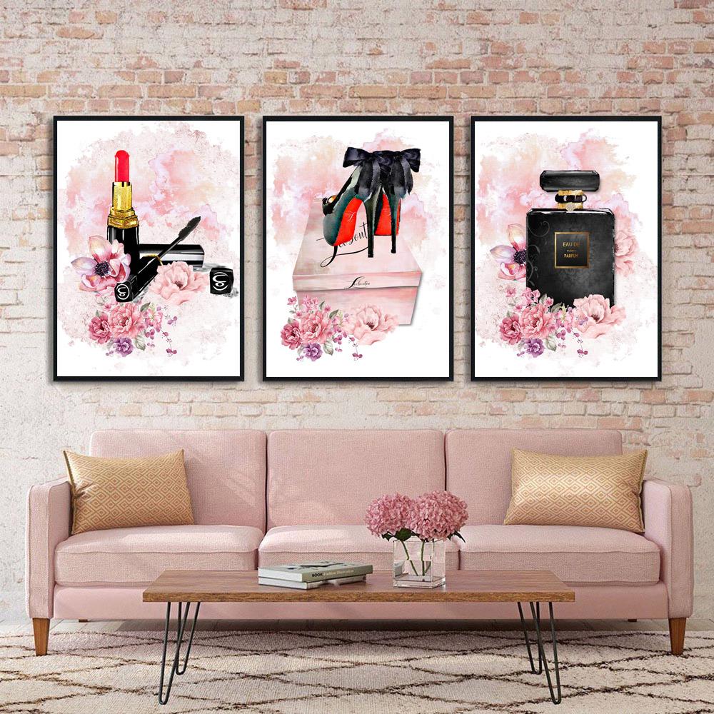 Lipstick High Heels Posters And Prints Perfume Bottle Canvas Painting Pink Flower Peony Wall Poster Beauty Room Decoration