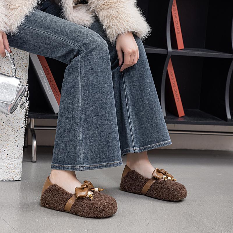 Fleece Lined Mary Jane Shoes Women's Autumn Winter New Style Red Trendy Slip-On Plush Cotton Shoes with Bow Tie Warmth