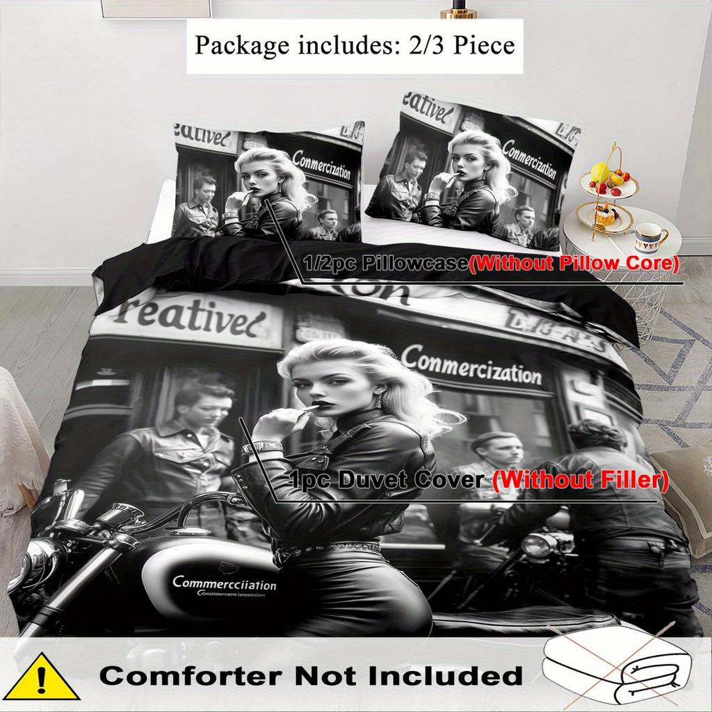 Beauty Theme Down Comforter Cover Set - 2/3pcs, Soft Comfortable Breathable, Black and White Style Printed Bedding Set, Biker